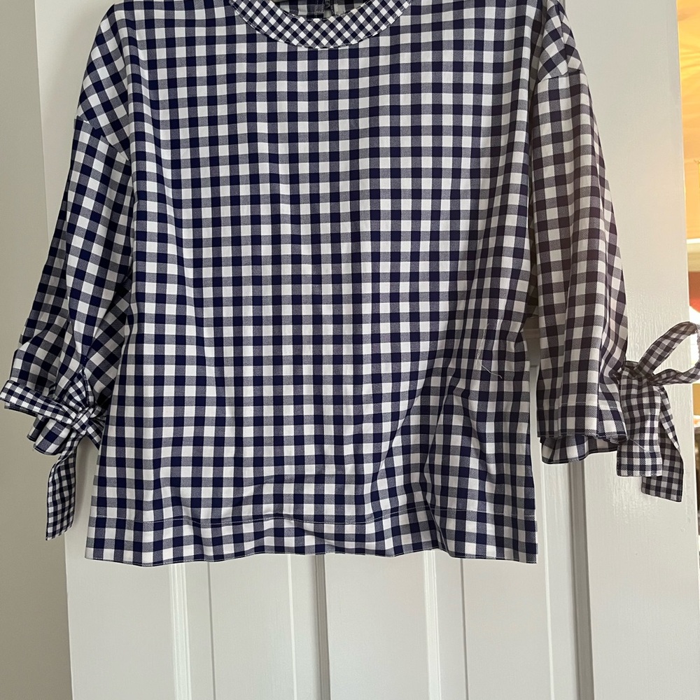 Rosetta Getty Navy and White Gingham Tie-Sleeve Blouse